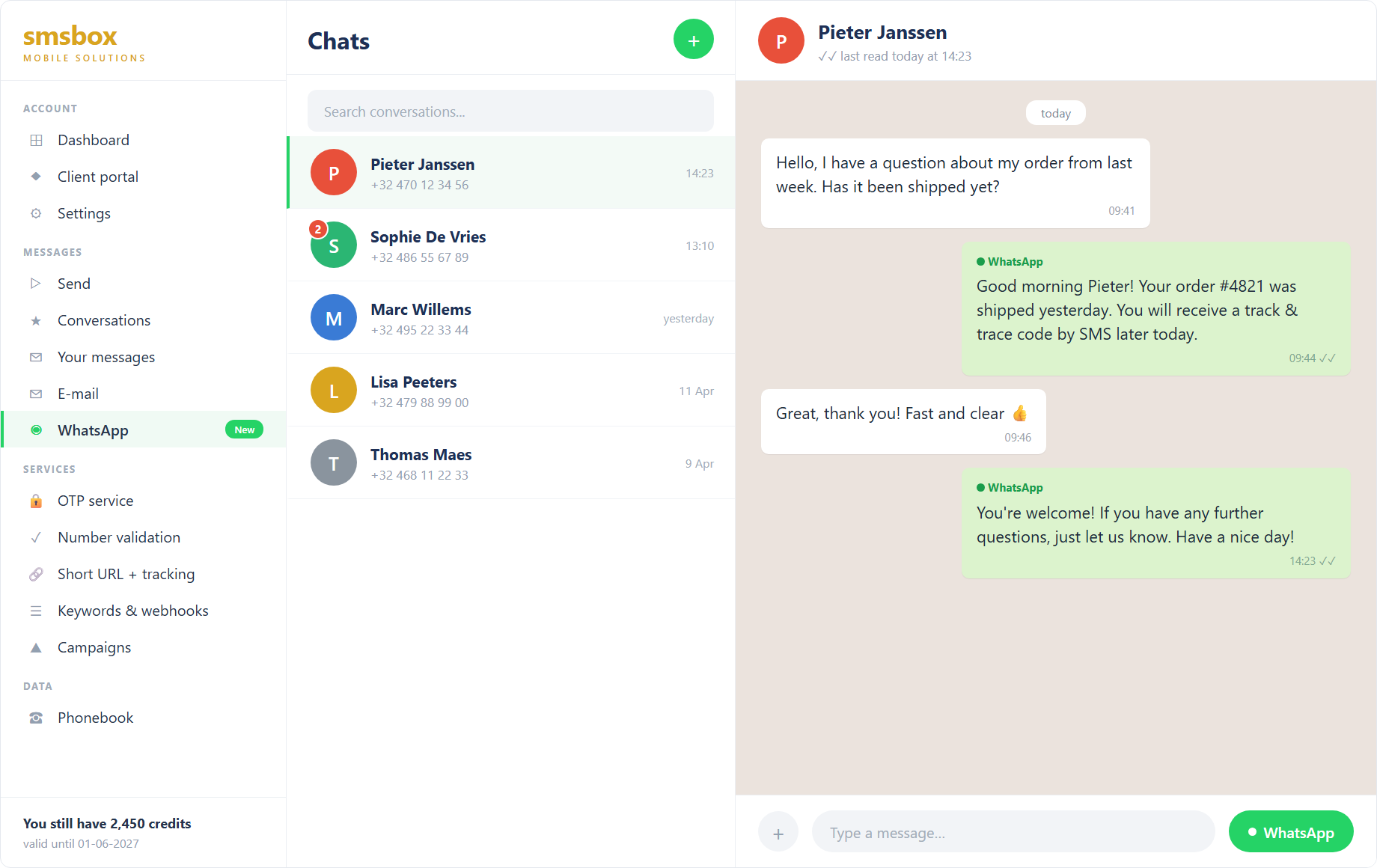 WhatsApp-Konversationen im Online-Tool von SMSBOX