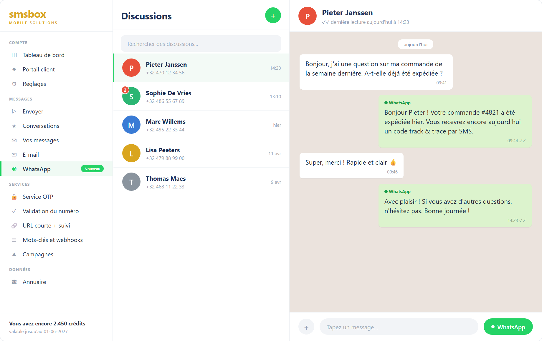 Conversations WhatsApp dans l'outil en ligne de SMSBOX